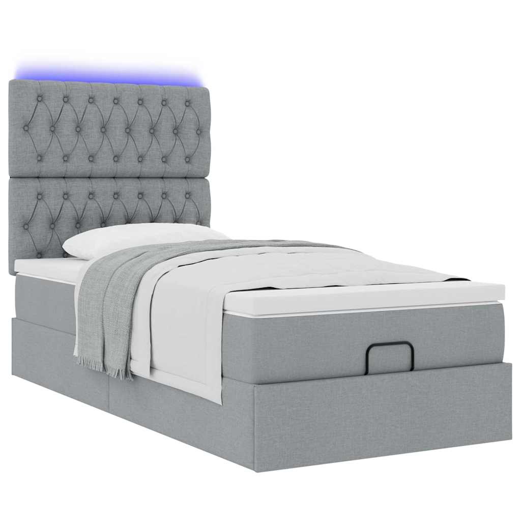 vidaXL Pat otoman cu saltea și LED-uri, gri deschis, 90x200 cm, textil