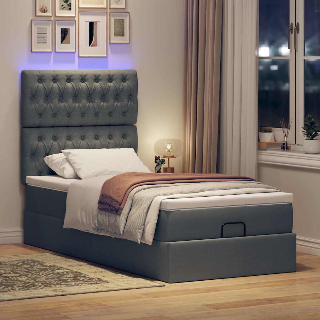 vidaXL Pat otoman cu saltea și LED-uri, gri închis, 90x200 cm, textil