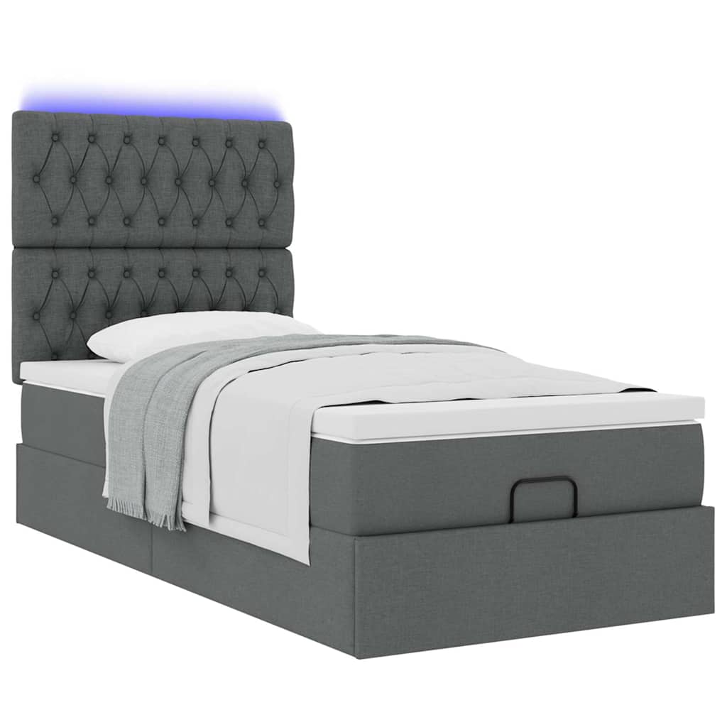 vidaXL Pat otoman cu saltea și LED-uri, gri închis, 90x200 cm, textil