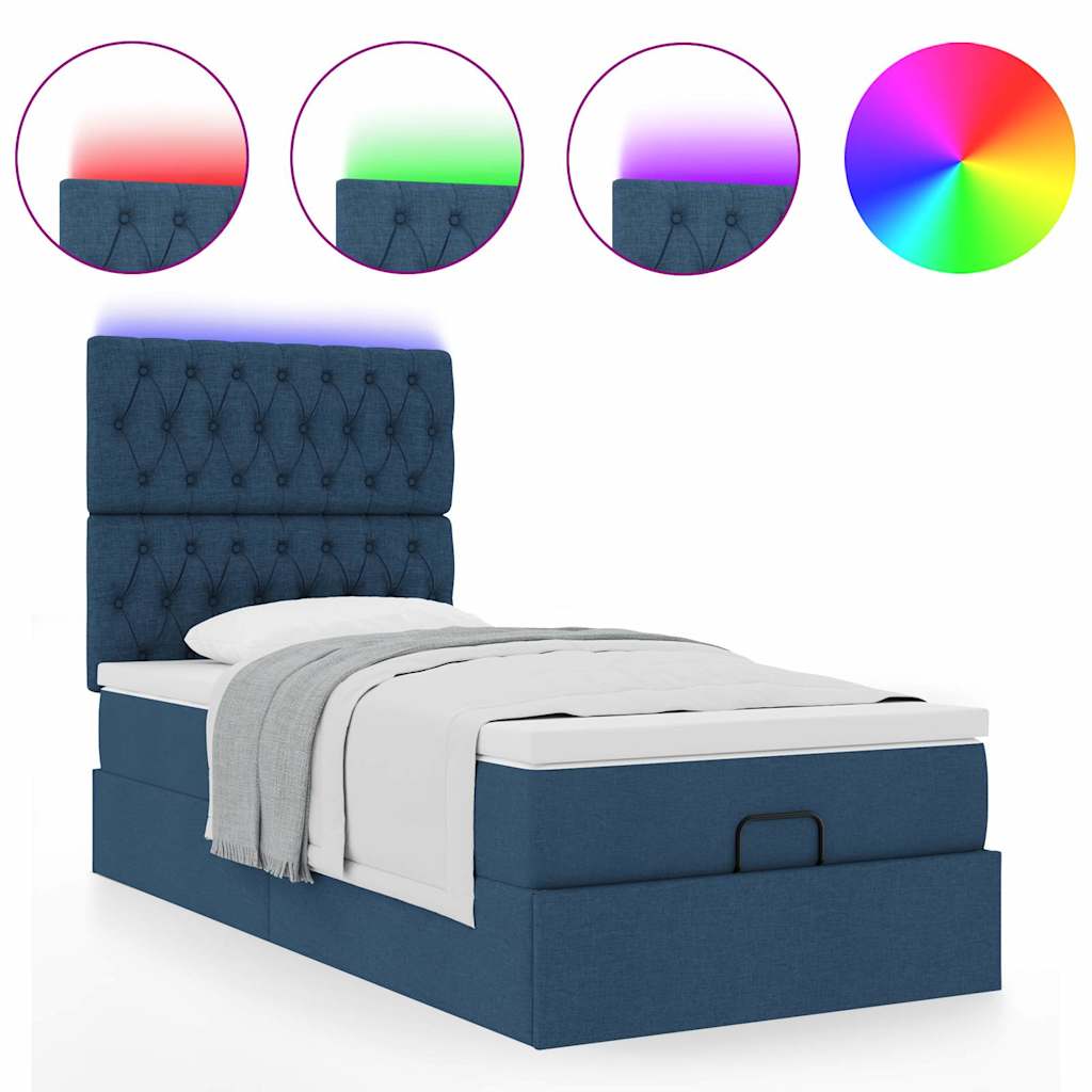vidaXL Pat otoman cu saltea și LED-uri albastru 100x200 cm țesătură