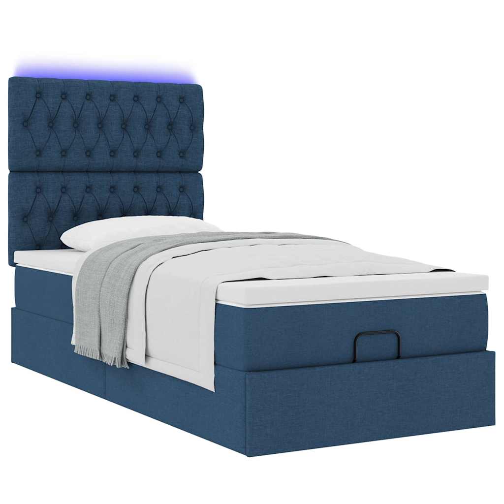 vidaXL Pat otoman cu saltea și LED-uri albastru 100x200 cm țesătură
