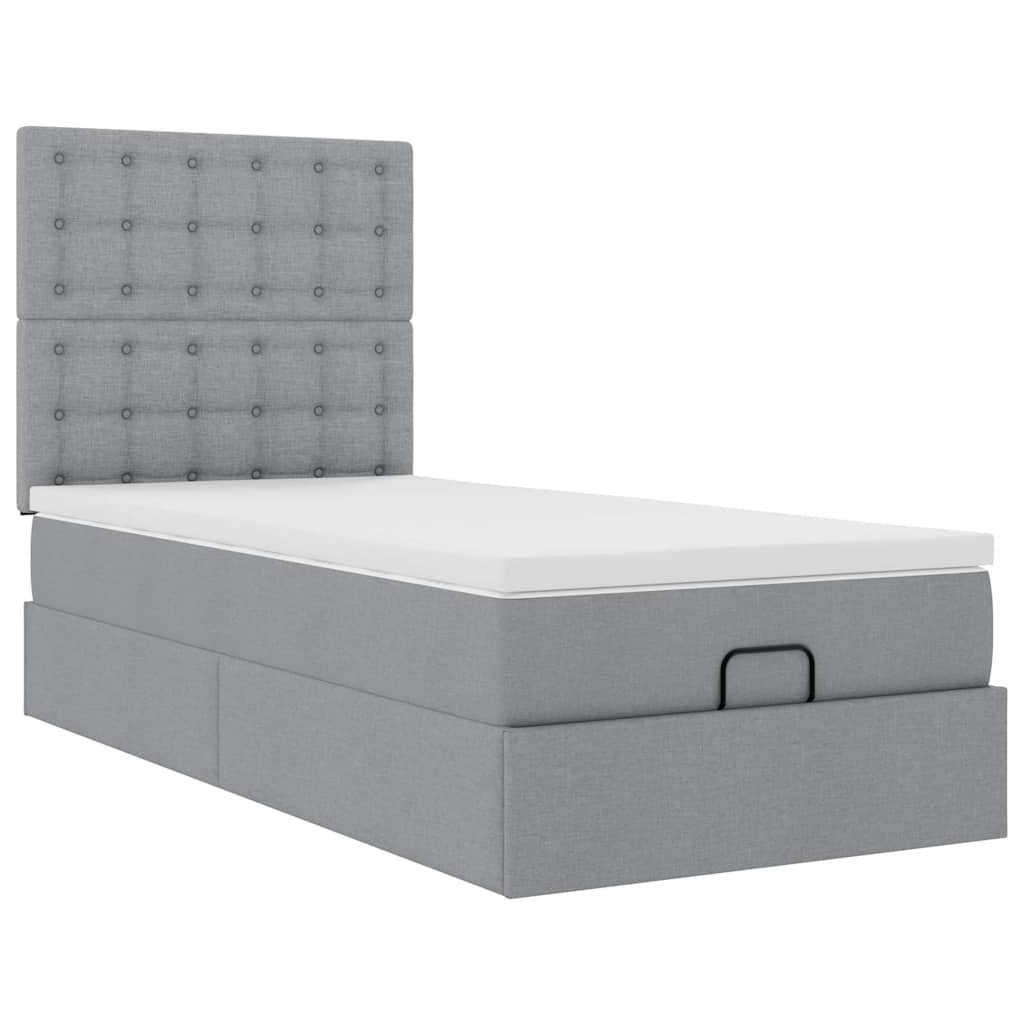 vidaXL Pat otoman cu saltea și LED-uri, gri deschis, 90x200 cm, textil