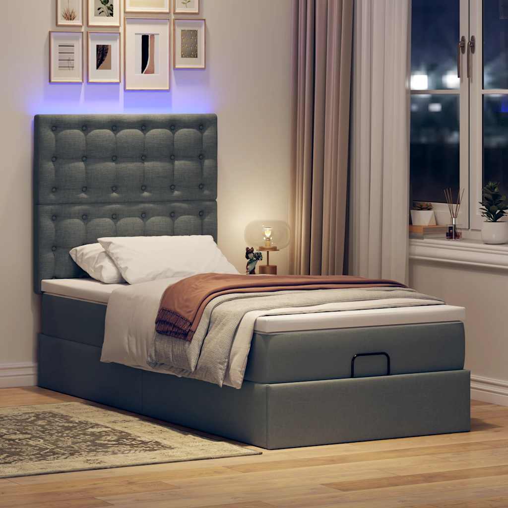vidaXL Pat otoman cu saltea și LED-uri, gri închis, 90x200 cm, textil