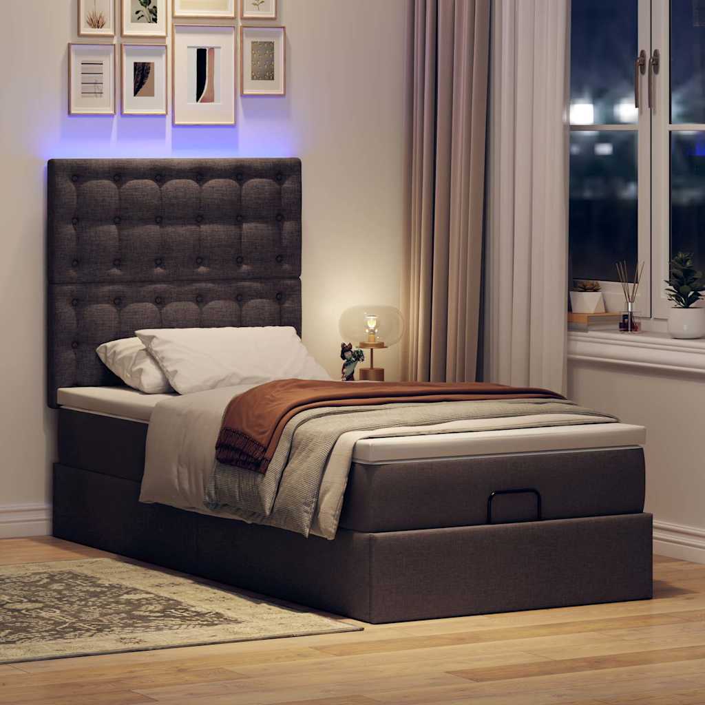 vidaXL Pat otoman cu saltea și LED-uri, maro închis, 90x200 cm, textil