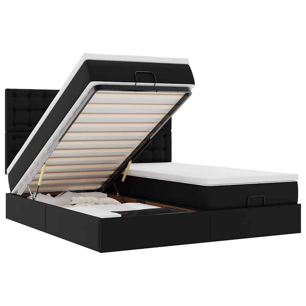 vidaXL Pat otoman cu saltele și LEDs, negru 160x200cm, piele ecologică