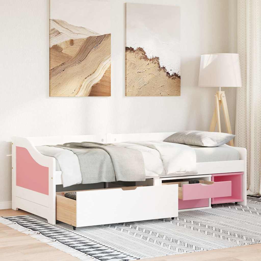 vidaXL Pat de zi cu 3 sertare fără saltea „IRUN” alb și roz 90x200 cm vidaXL Pat de zi cu 3 sertare fără saltea „IRUN” alb și roz 90x200 cm