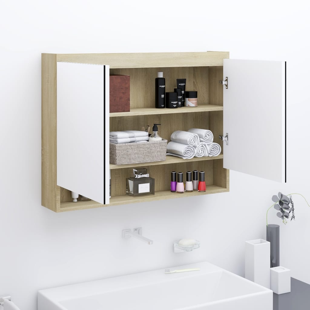 vidaXL Dulap de baie cu oglindă, alb și stejar, 80x15x60 cm, MDF vidaXL Dulap de baie cu oglindă, alb și stejar, 80x15x60 cm, MDF