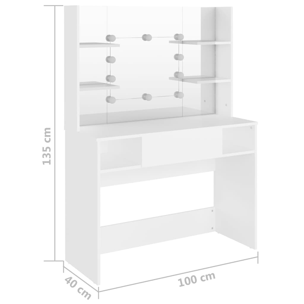 vidaXL Masă de machiaj cu lumini LED, alb, 100x40x135 cm, MDF vidaXL Masă de machiaj cu lumini LED, alb, 100x40x135 cm, MDF