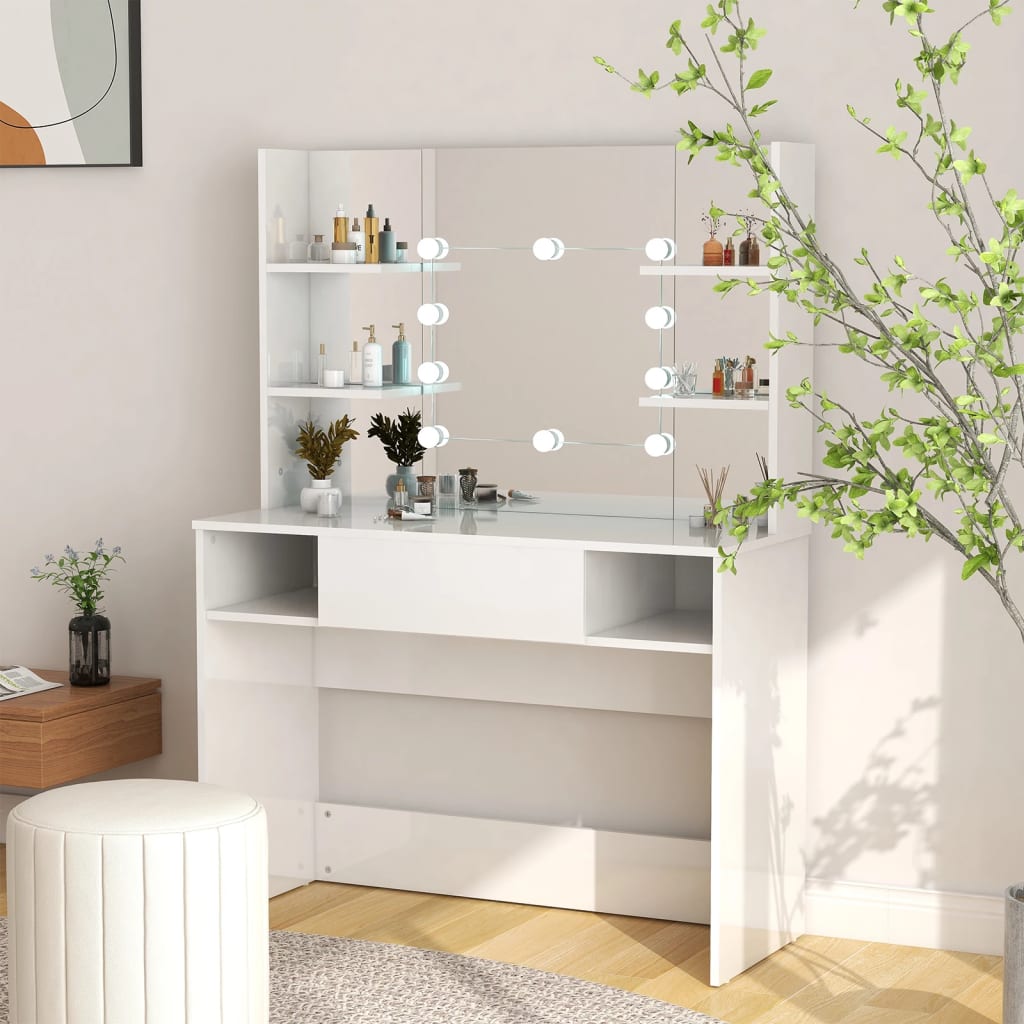 vidaXL Masă de machiaj cu lumini LED, alb lucios, 100x40x135 cm, MDF vidaXL Masă de machiaj cu lumini LED, alb lucios, 100x40x135 cm, MDF