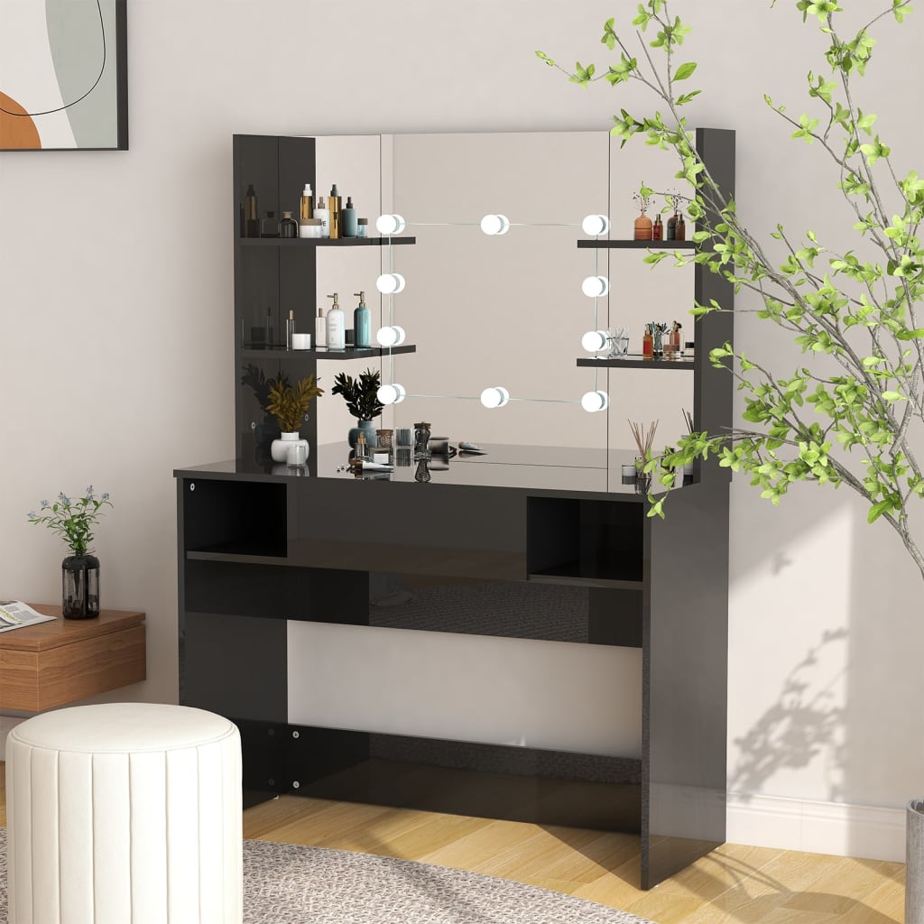 vidaXL Masă de machiaj cu lumini LED, negru lucios, 100x40x135 cm, MDF vidaXL Masă de machiaj cu lumini LED, negru lucios, 100x40x135 cm, MDF