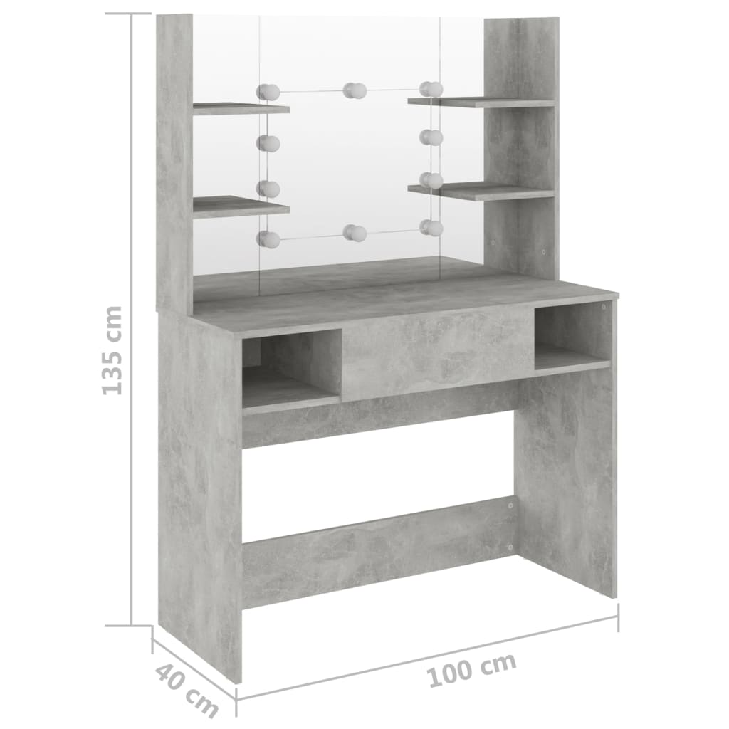 vidaXL Masă machiaj cu lumini LED, gri beton, 100x40x135 cm , MDF