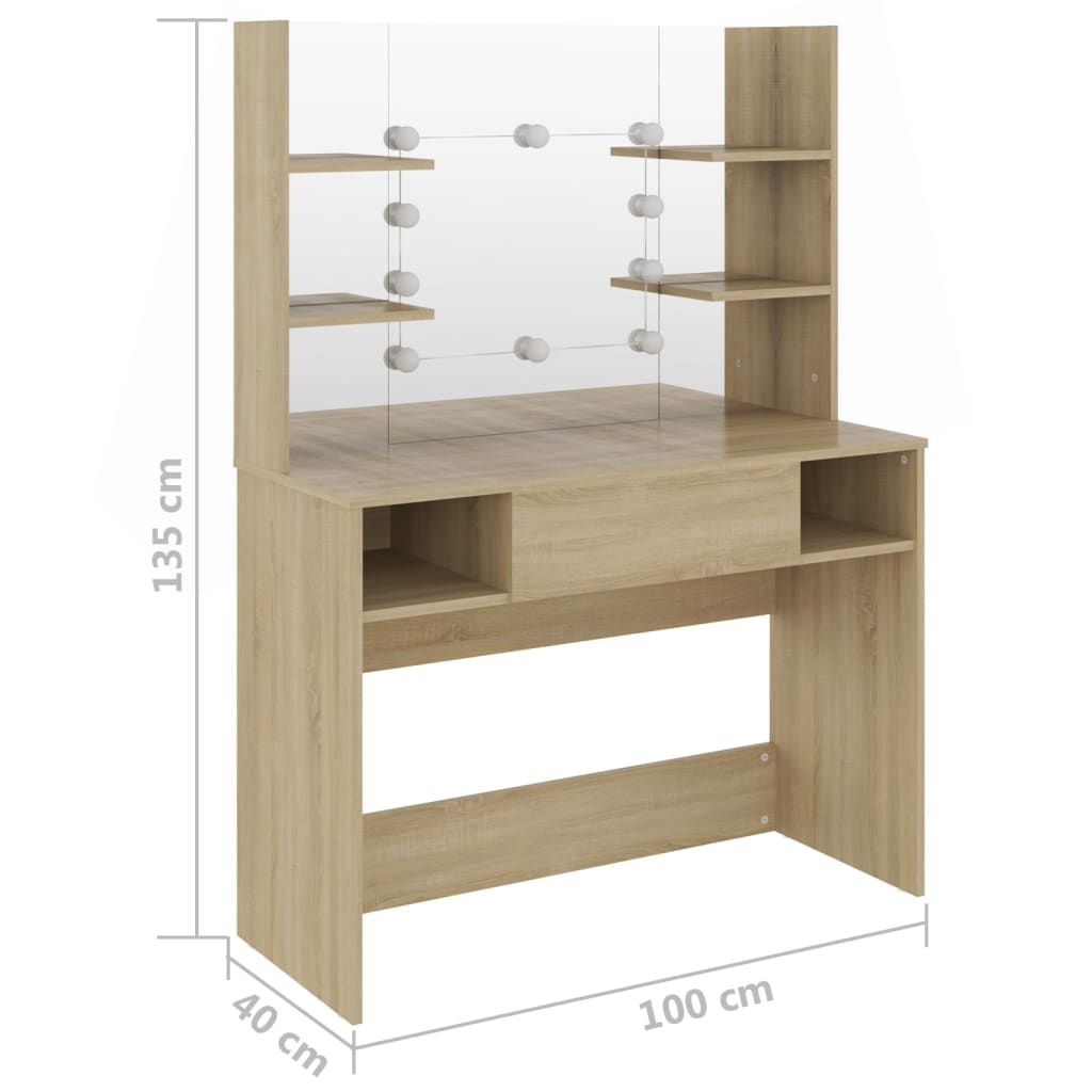 vidaXL Masă machiaj cu lumini LED, stejar, 100x40x135 cm , MDF