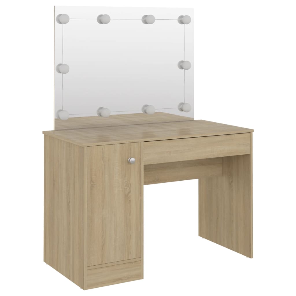 vidaXL Masă de machiaj cu lumini LED, stejar, 110x55x145 cm, MDF vidaXL Masă de machiaj cu lumini LED, stejar, 110x55x145 cm, MDF