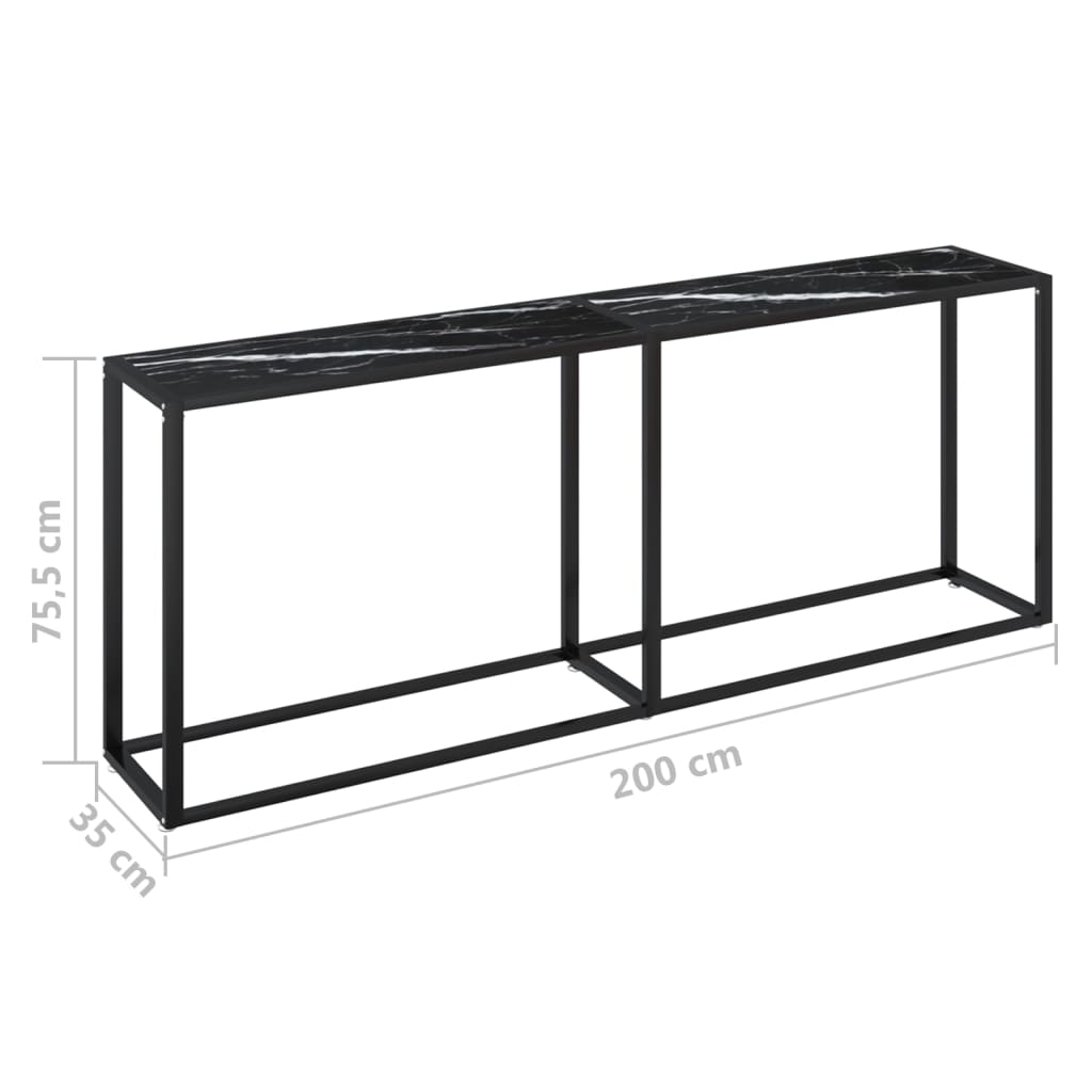 vidaXL Masă consolă, negru marmură, 200x35x75,5 cm, sticlă securizată