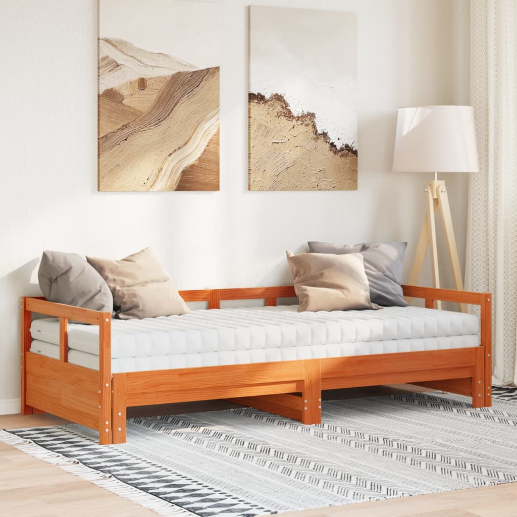 vidaXL Pat zi cu extensie și saltele, maro, 80x200 cm, lemn masiv pin vidaXL Pat zi cu extensie și saltele, maro, 80x200 cm, lemn masiv pin