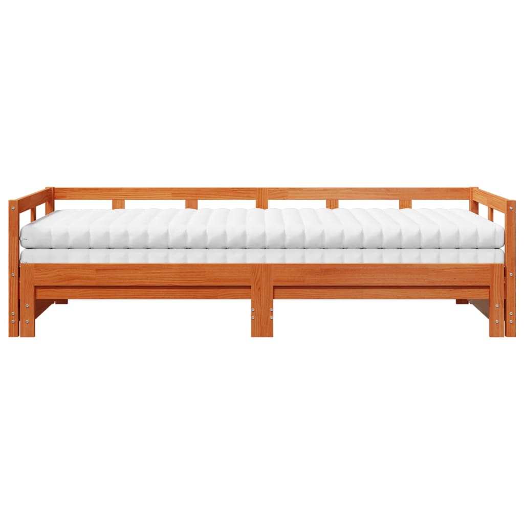 vidaXL Pat zi cu extensie și saltele, maro, 80x200 cm, lemn masiv pin vidaXL Pat zi cu extensie și saltele, maro, 80x200 cm, lemn masiv pin