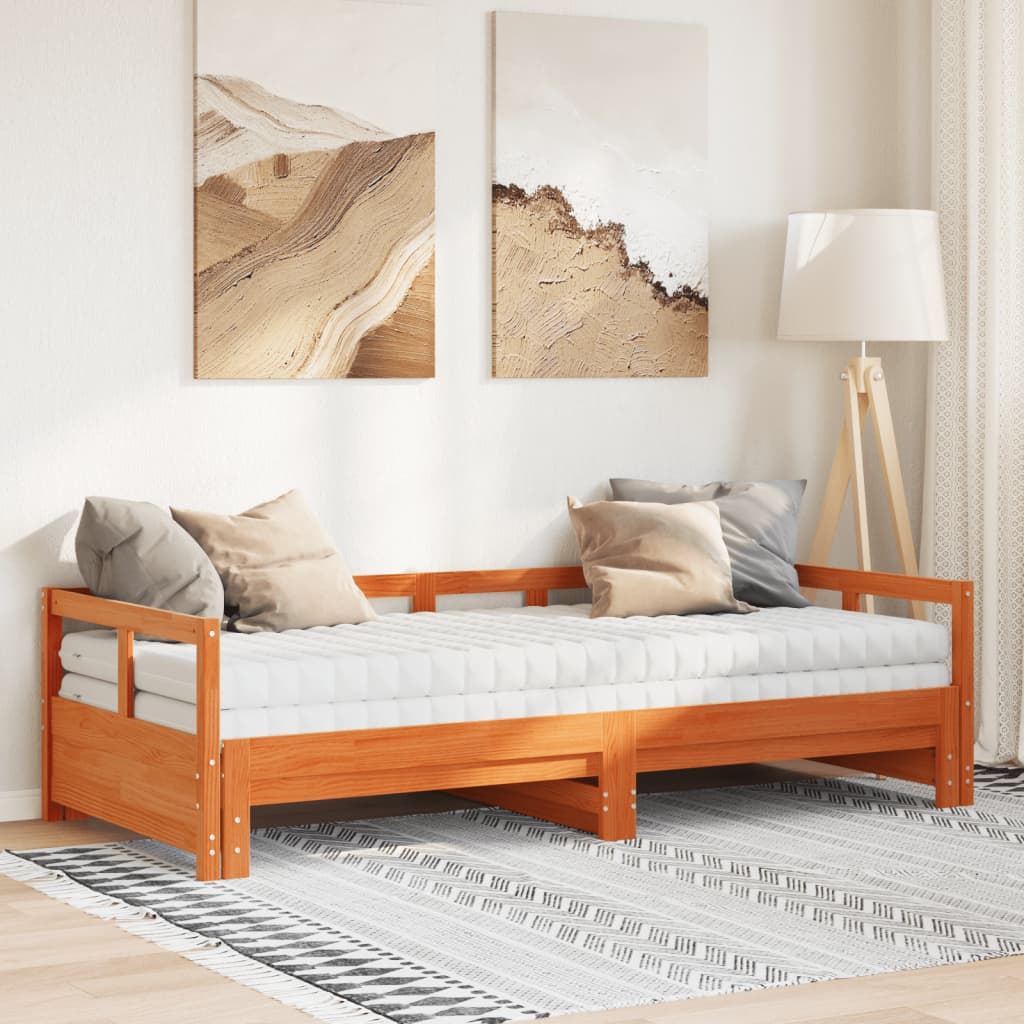 vidaXL Pat zi cu extensie și saltele, maro, 90x200 cm, lemn masiv pin vidaXL Pat zi cu extensie și saltele, maro, 90x200 cm, lemn masiv pin