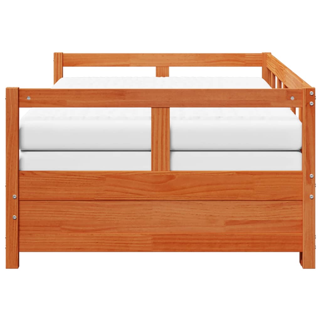 vidaXL Pat zi cu extensie și saltele, maro, 90x200 cm, lemn masiv pin vidaXL Pat zi cu extensie și saltele, maro, 90x200 cm, lemn masiv pin