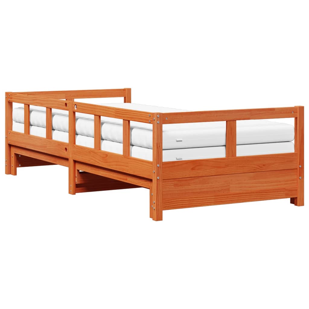 vidaXL Pat zi cu extensie și saltele, maro, 90x200 cm, lemn masiv pin vidaXL Pat zi cu extensie și saltele, maro, 90x200 cm, lemn masiv pin