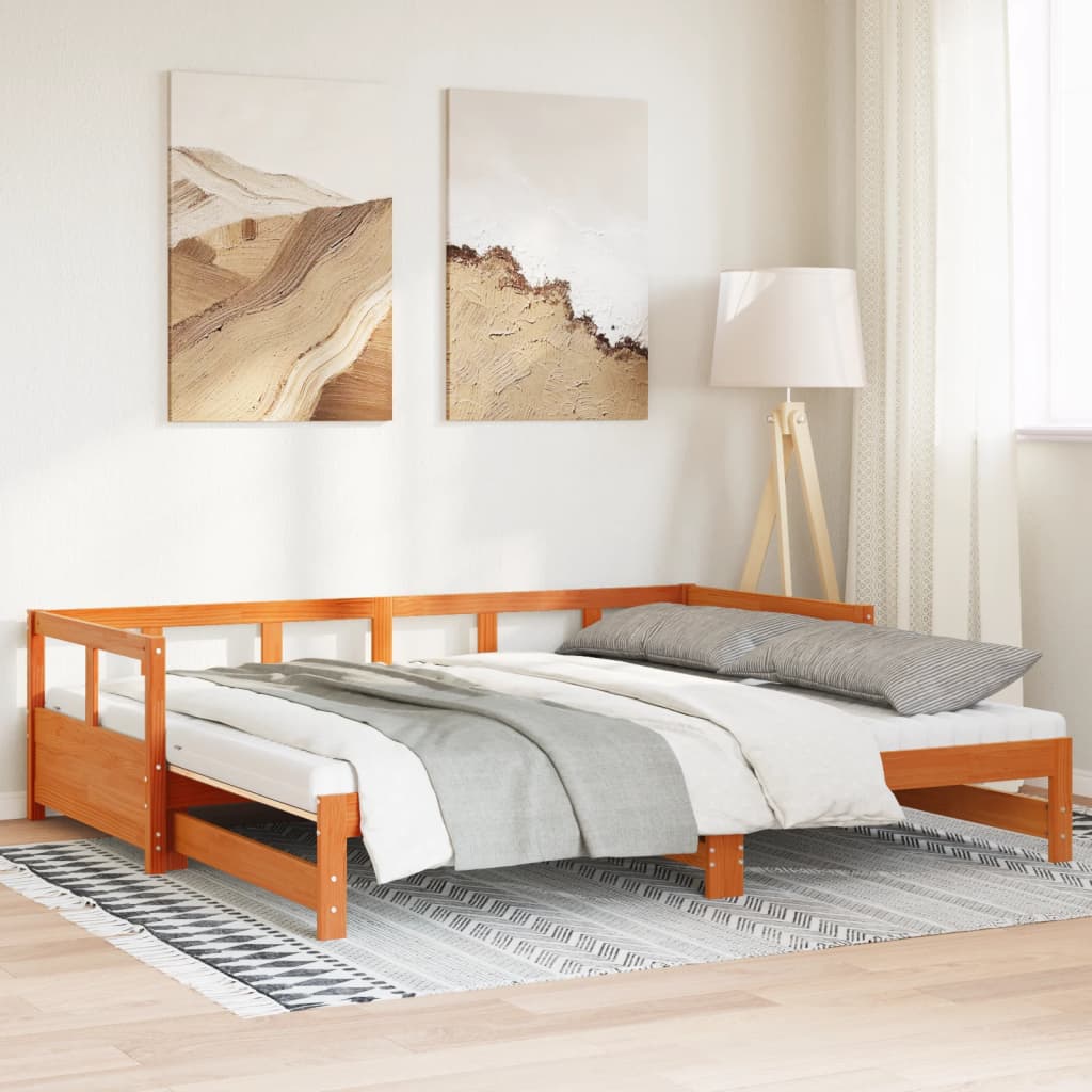 vidaXL Pat zi cu extensie și saltele, maro, 90x200 cm, lemn masiv pin vidaXL Pat zi cu extensie și saltele, maro, 90x200 cm, lemn masiv pin