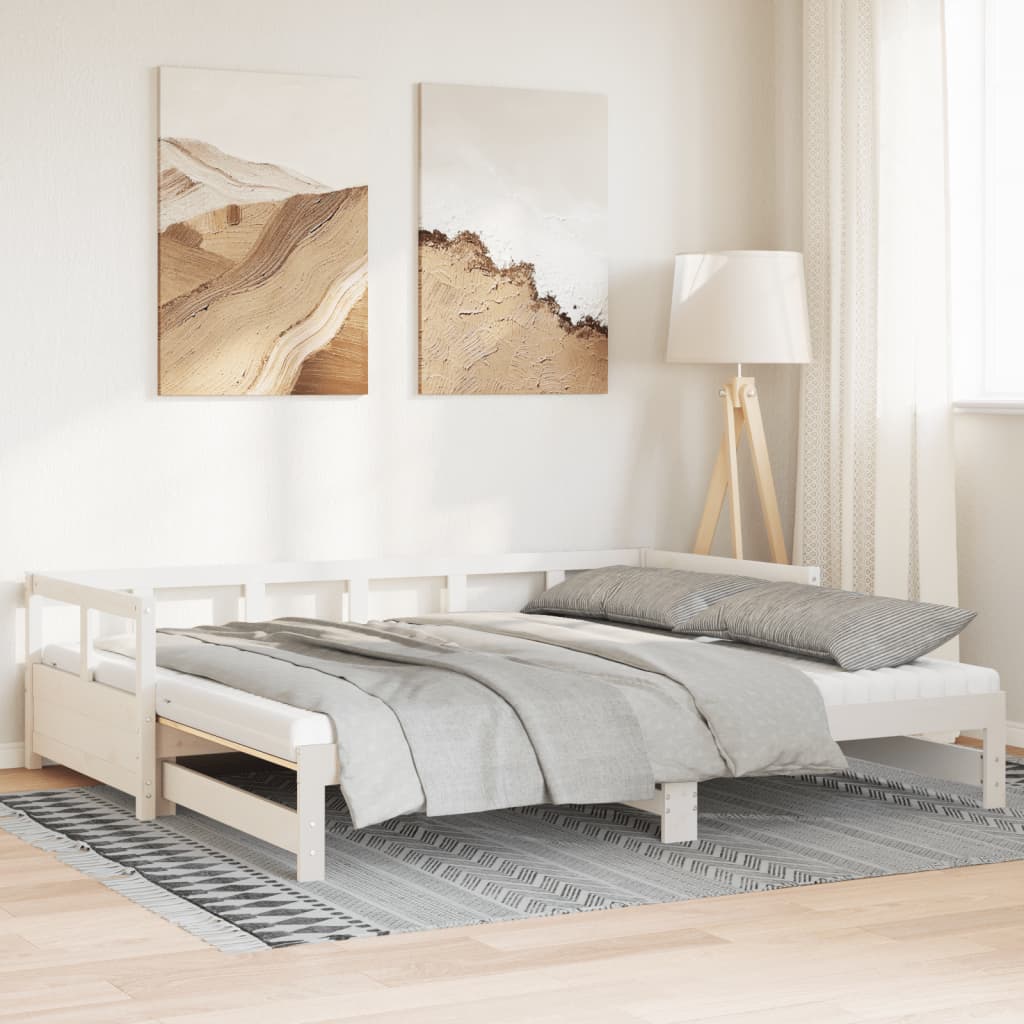 vidaXL Pat zi cu extensie și saltele alb 90x190 cm lemn masiv pin vidaXL Pat zi cu extensie și saltele alb 90x190 cm lemn masiv pin