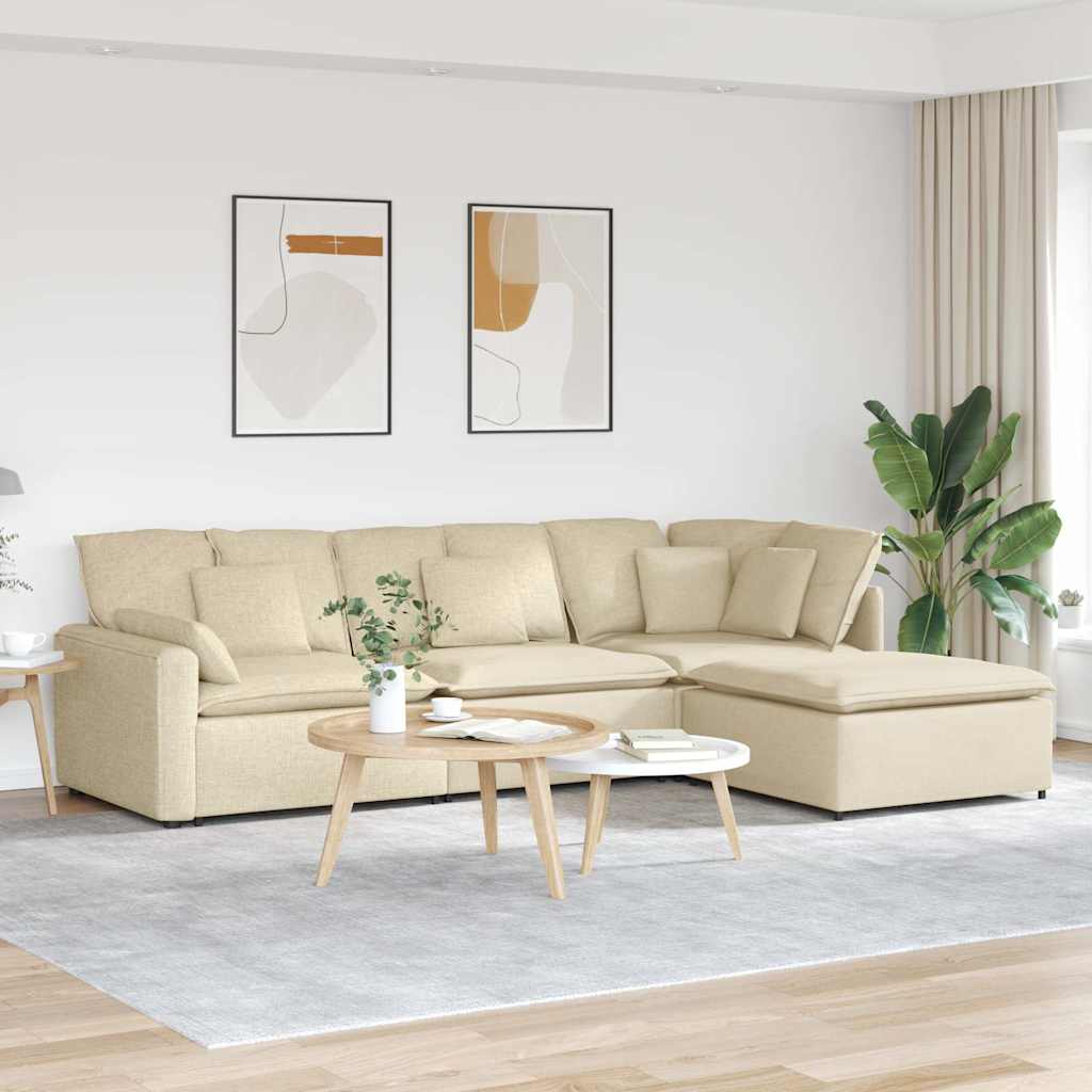 vidaXL Canapea modulară cu taburet și perne, material textil, crem vidaXL Canapea modulară cu taburet și perne, material textil, crem