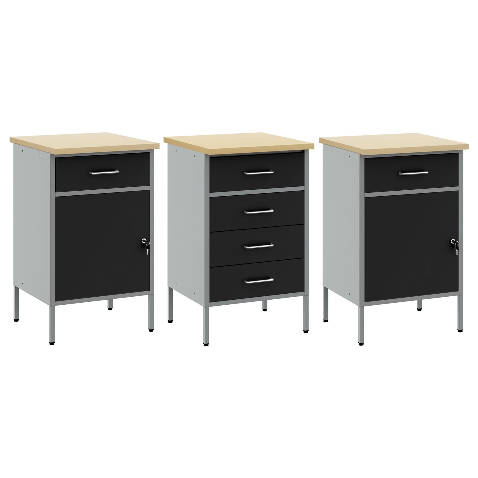Set de dulap de lucru 3 piese vidaXL Negru și Gri din lemn ingineresc și oțel Set de dulap de lucru 3 piese vidaXL Negru și Gri din lemn ingineresc și oțel