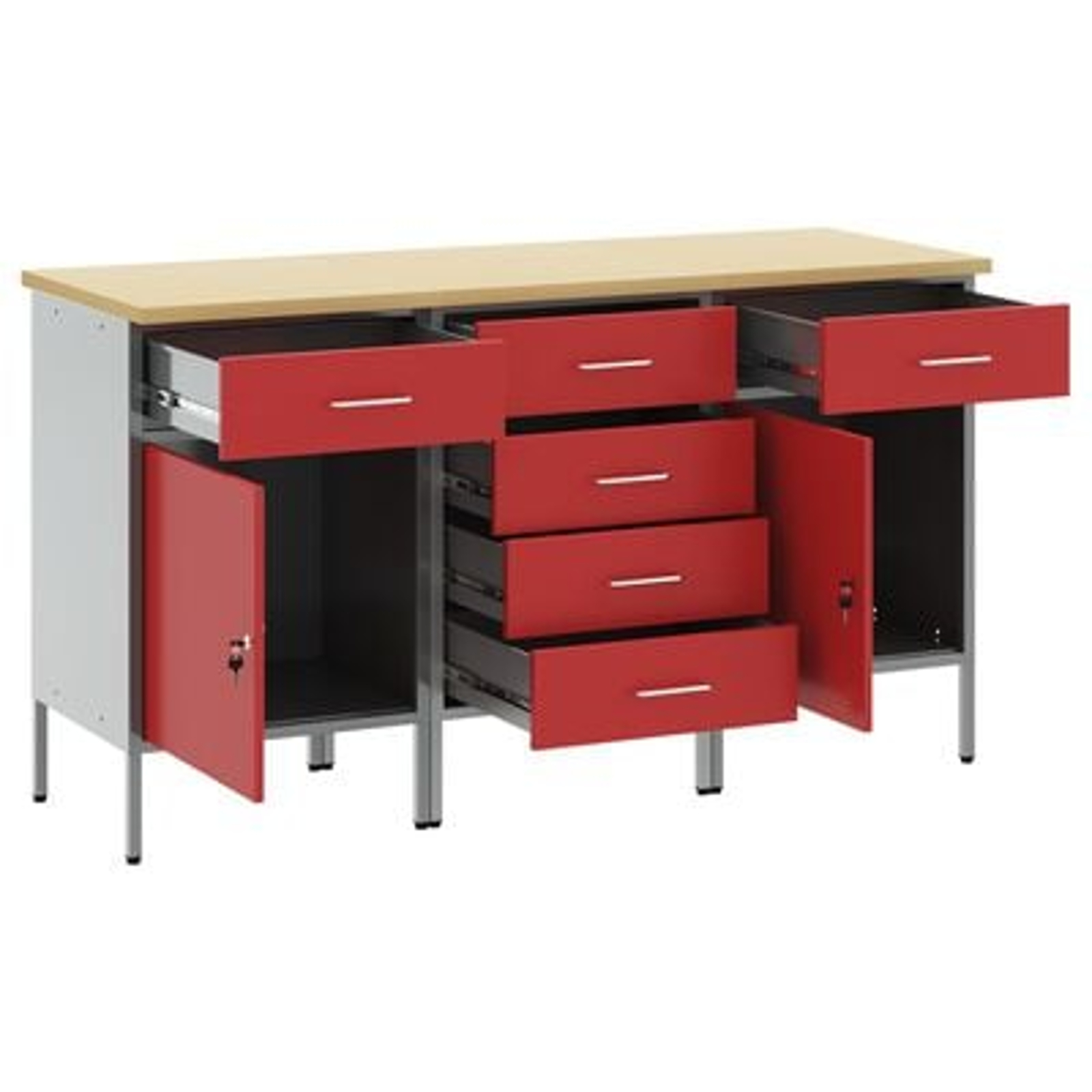 Set de dulapuri de lucru în 3 piese vidaXL Roșu și Gri din lemn laminat și oțel Set de dulapuri de lucru în 3 piese vidaXL Roșu și Gri din lemn laminat și oțel