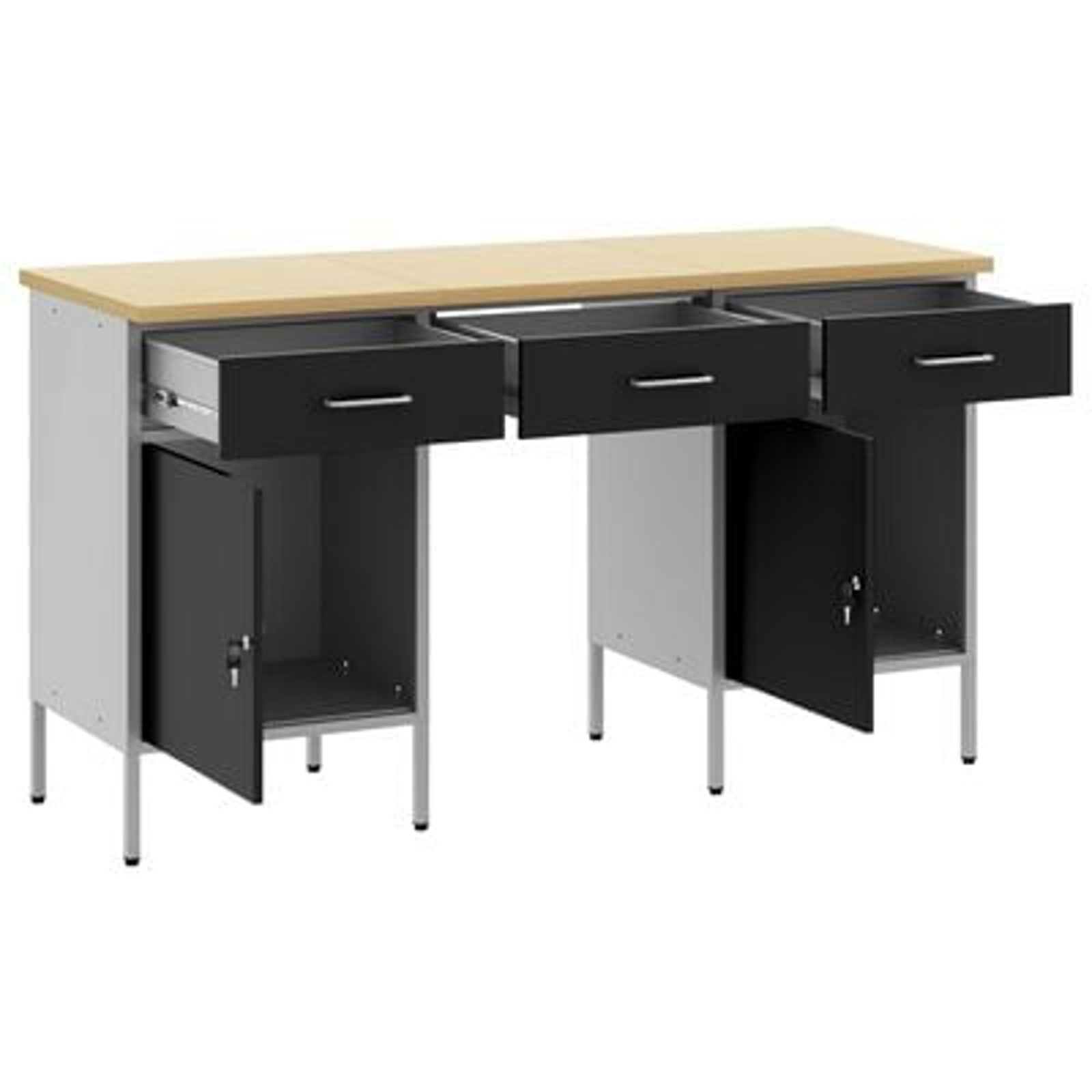 vidaXL Set dulap de lucru cu masă, 3 piese, negru, lemn și oțel vidaXL Set dulap de lucru cu masă, 3 piese, negru, lemn și oțel