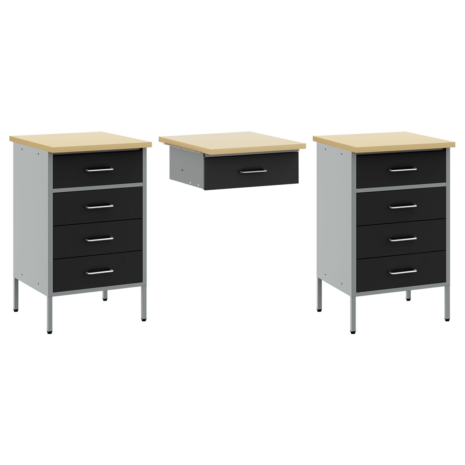 vidaXL Set dulap de lucru cu masă, 3 piese, negru, lemn și oțel