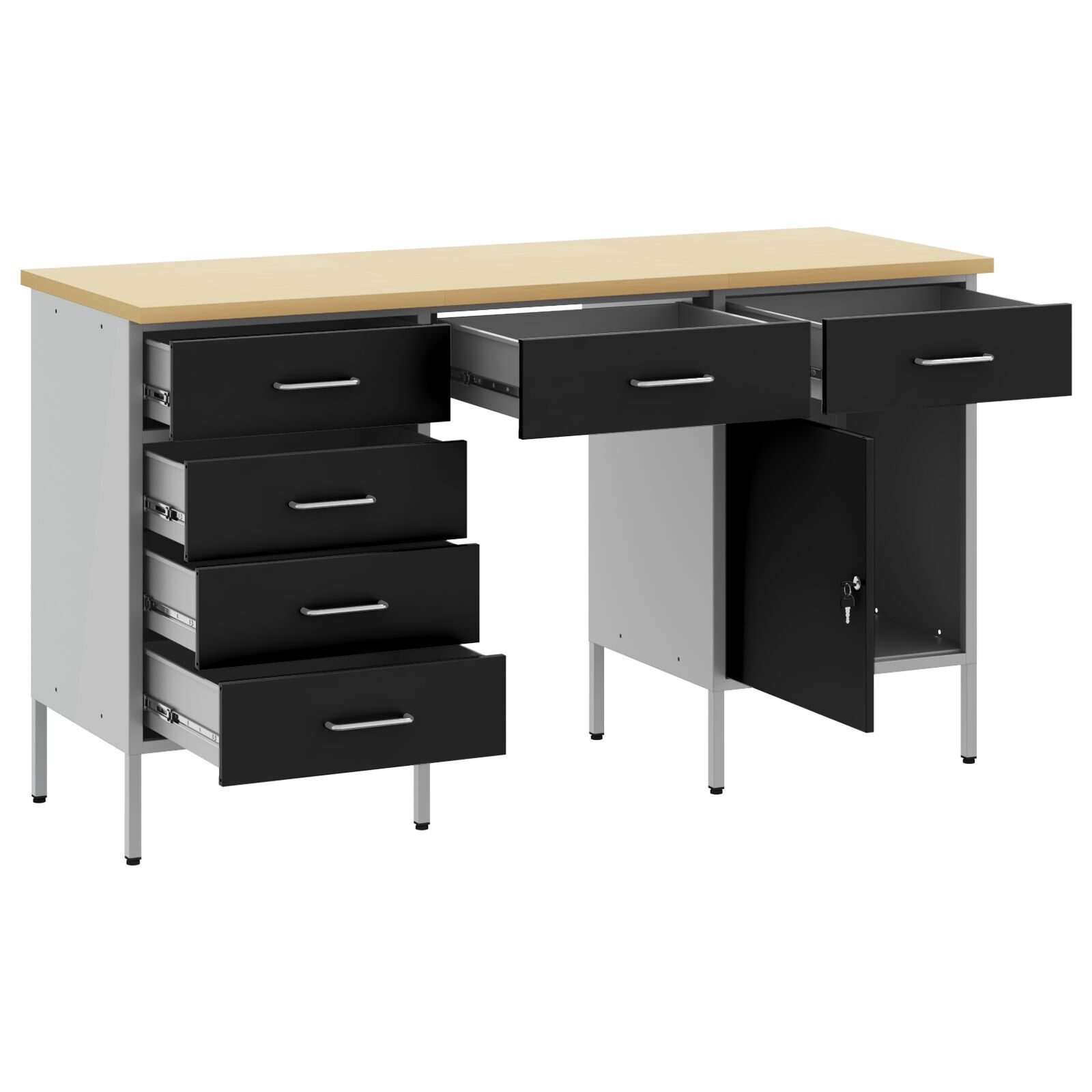 vidaXL Set dulap de lucru cu masă, 3 piese, negru, lemn și oțel vidaXL Set dulap de lucru cu masă, 3 piese, negru, lemn și oțel