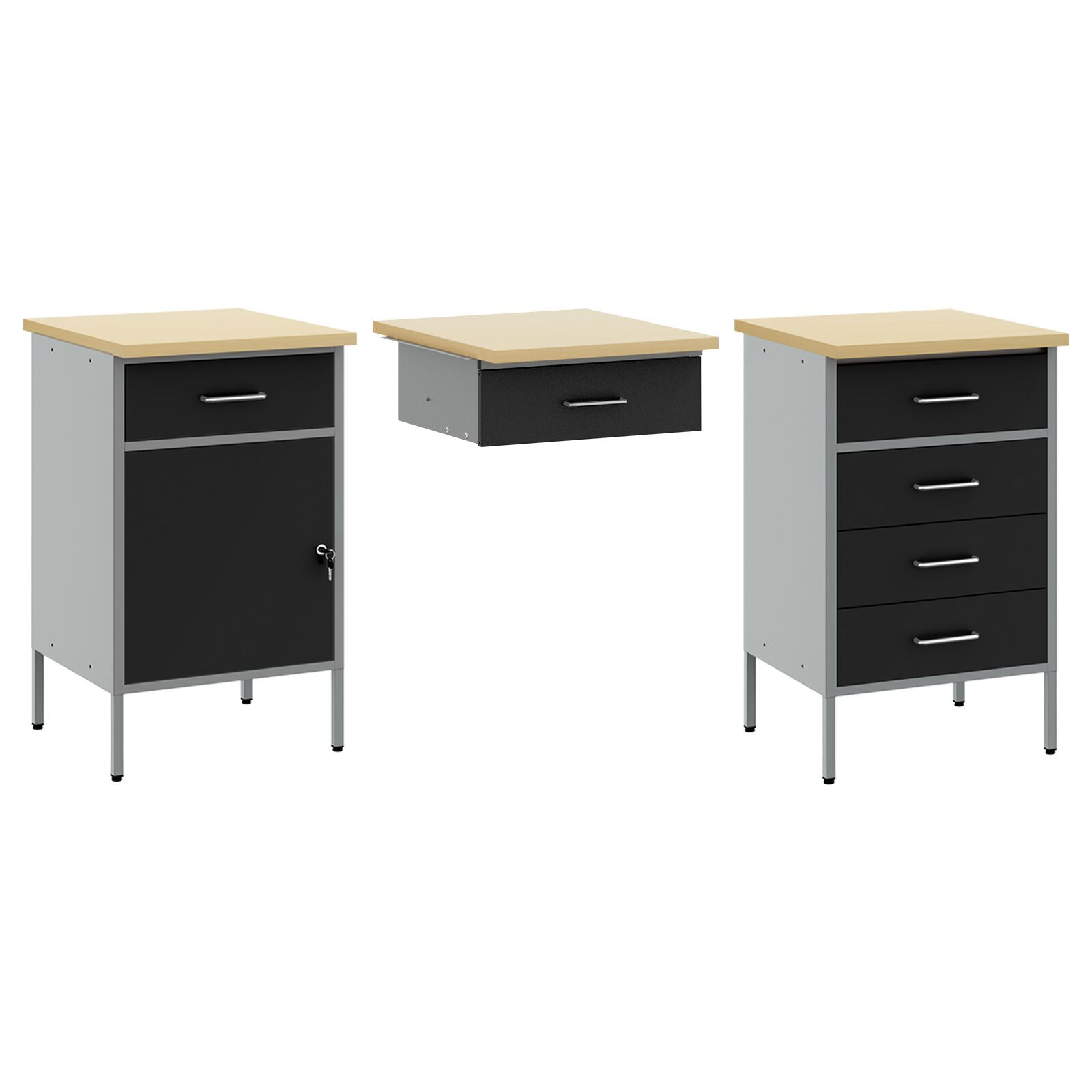 vidaXL Set dulap de lucru cu masă, 3 piese, negru, lemn și oțel vidaXL Set dulap de lucru cu masă, 3 piese, negru, lemn și oțel