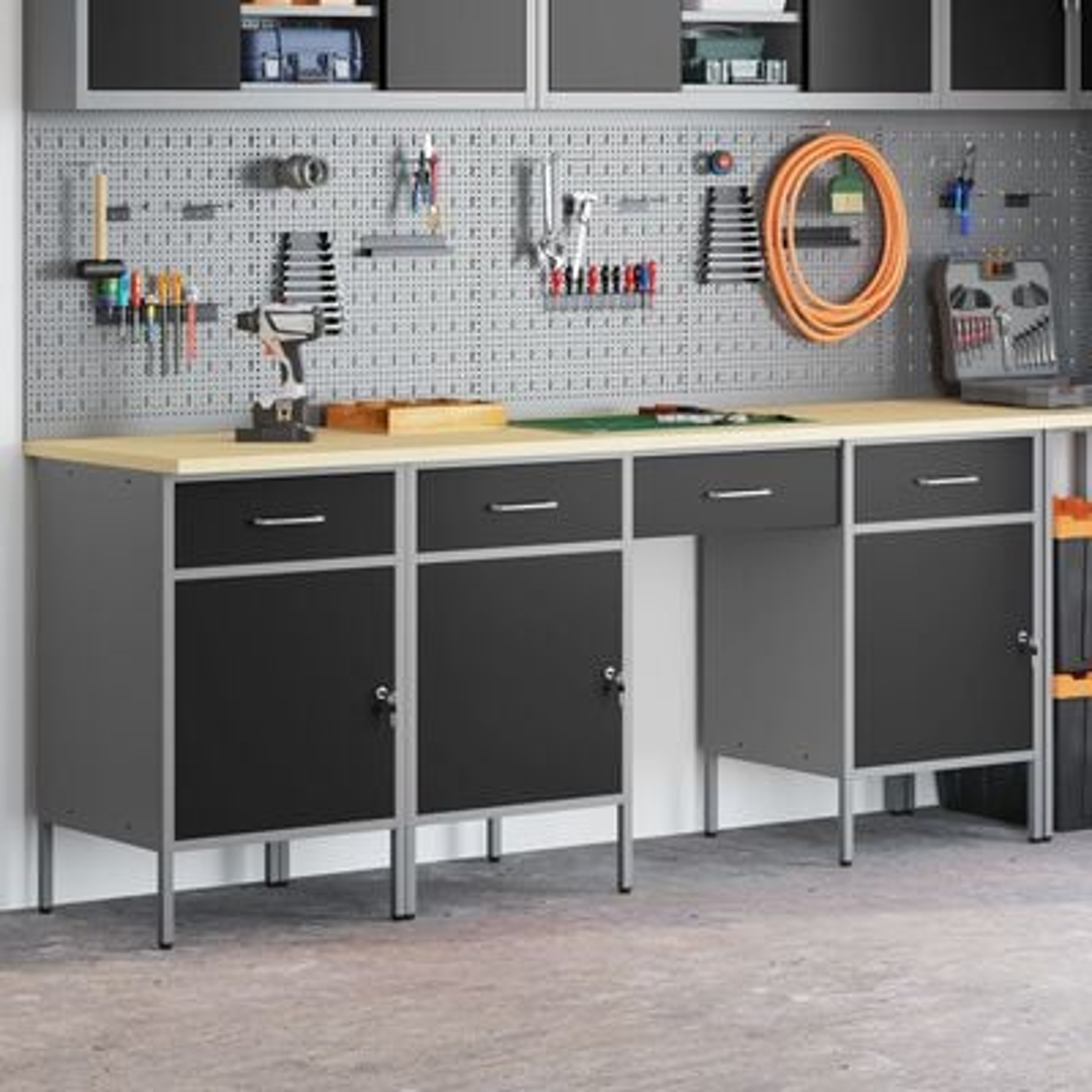 vidaXL Set dulap de lucru cu masă, 4 piese, negru, lemn și oțel vidaXL Set dulap de lucru cu masă, 4 piese, negru, lemn și oțel