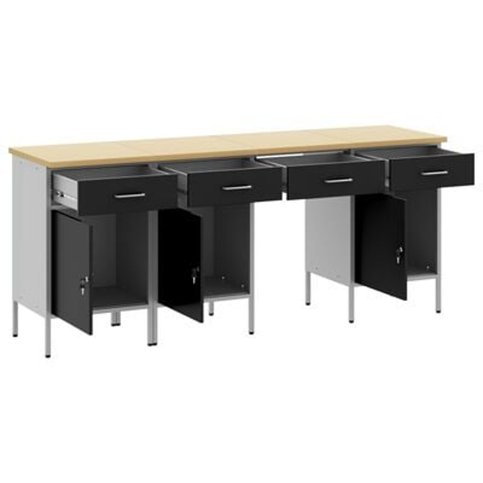 vidaXL Set dulap de lucru cu masă, 4 piese, negru, lemn și oțel vidaXL Set dulap de lucru cu masă, 4 piese, negru, lemn și oțel