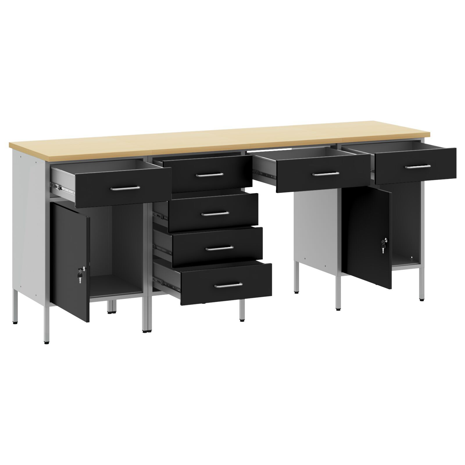vidaXL Set dulap de lucru cu masă, 4 piese, negru, lemn și oțel vidaXL Set dulap de lucru cu masă, 4 piese, negru, lemn și oțel