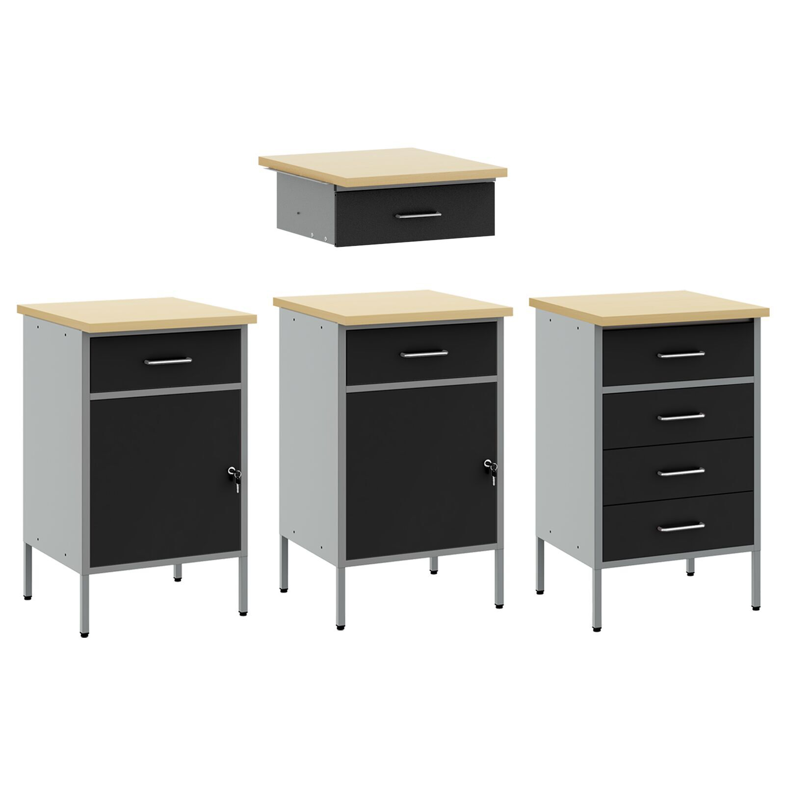 vidaXL Set dulap de lucru cu masă, 4 piese, negru, lemn și oțel vidaXL Set dulap de lucru cu masă, 4 piese, negru, lemn și oțel
