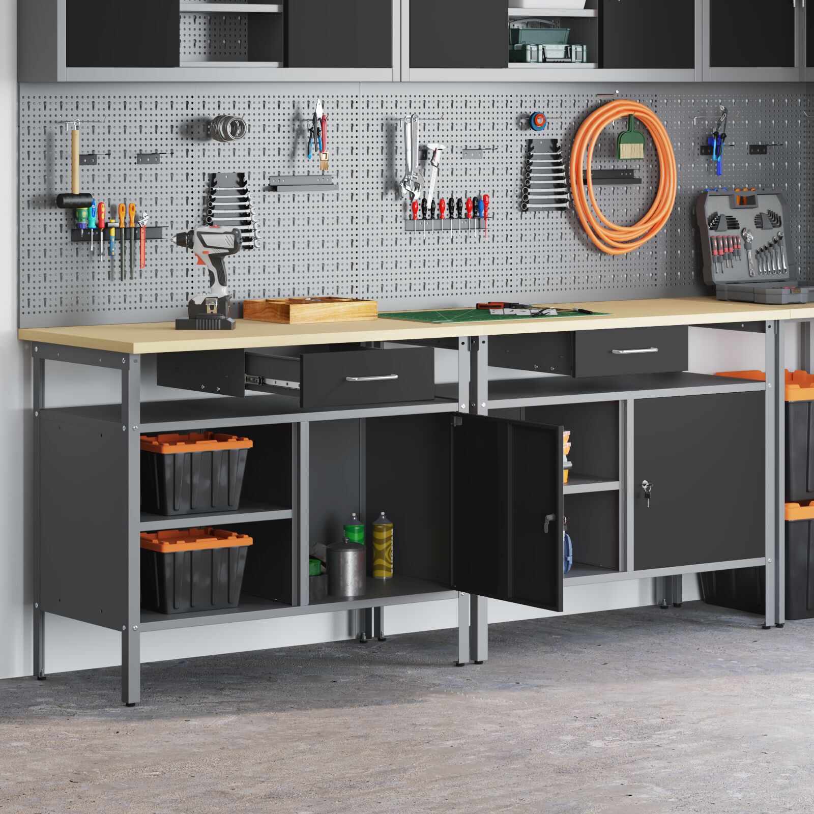 vidaXL Set banc de lucru, 2 piese, negru, oțel vidaXL Set banc de lucru, 2 piese, negru, oțel
