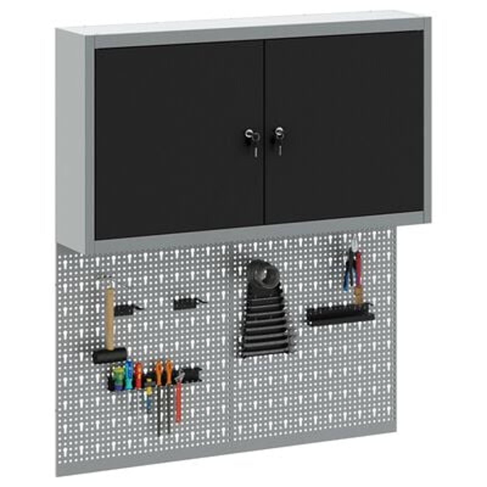 vidaXL Set dulap unelte & panou cârlige de perete, 3 piese negru metal vidaXL Set dulap unelte & panou cârlige de perete, 3 piese negru metal