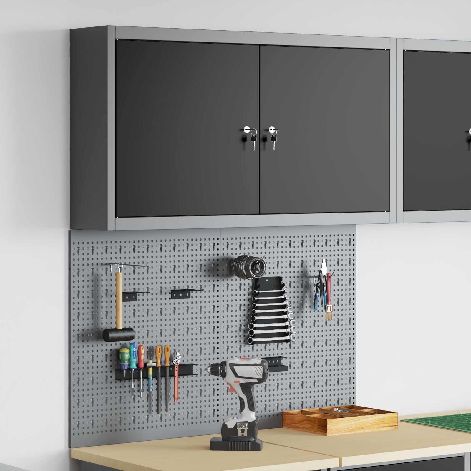vidaXL Set dulap unelte & panou cârlige de perete, 3 piese negru metal vidaXL Set dulap unelte & panou cârlige de perete, 3 piese negru metal