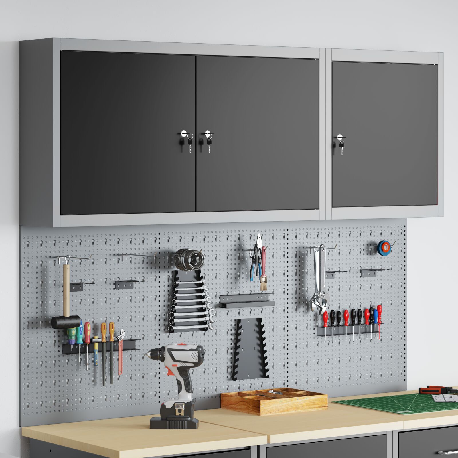 vidaXL Set dulap unelte & panou cârlige de perete, 5 piese negru metal vidaXL Set dulap unelte & panou cârlige de perete, 5 piese negru metal