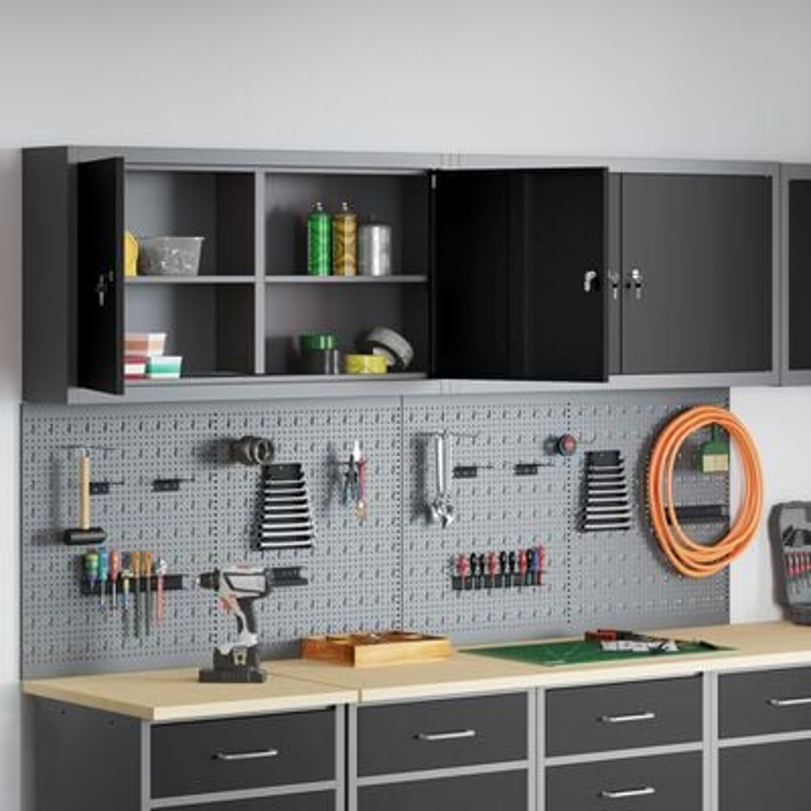 vidaXL Set dulap unelte & panou cârlige de perete, 6 piese negru metal vidaXL Set dulap unelte & panou cârlige de perete, 6 piese negru metal