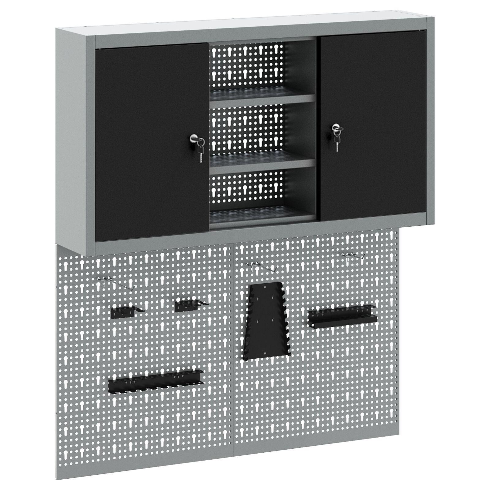 vidaXL Set dulap unelte & panou cârlige de perete, 3 piese negru metal vidaXL Set dulap unelte & panou cârlige de perete, 3 piese negru metal