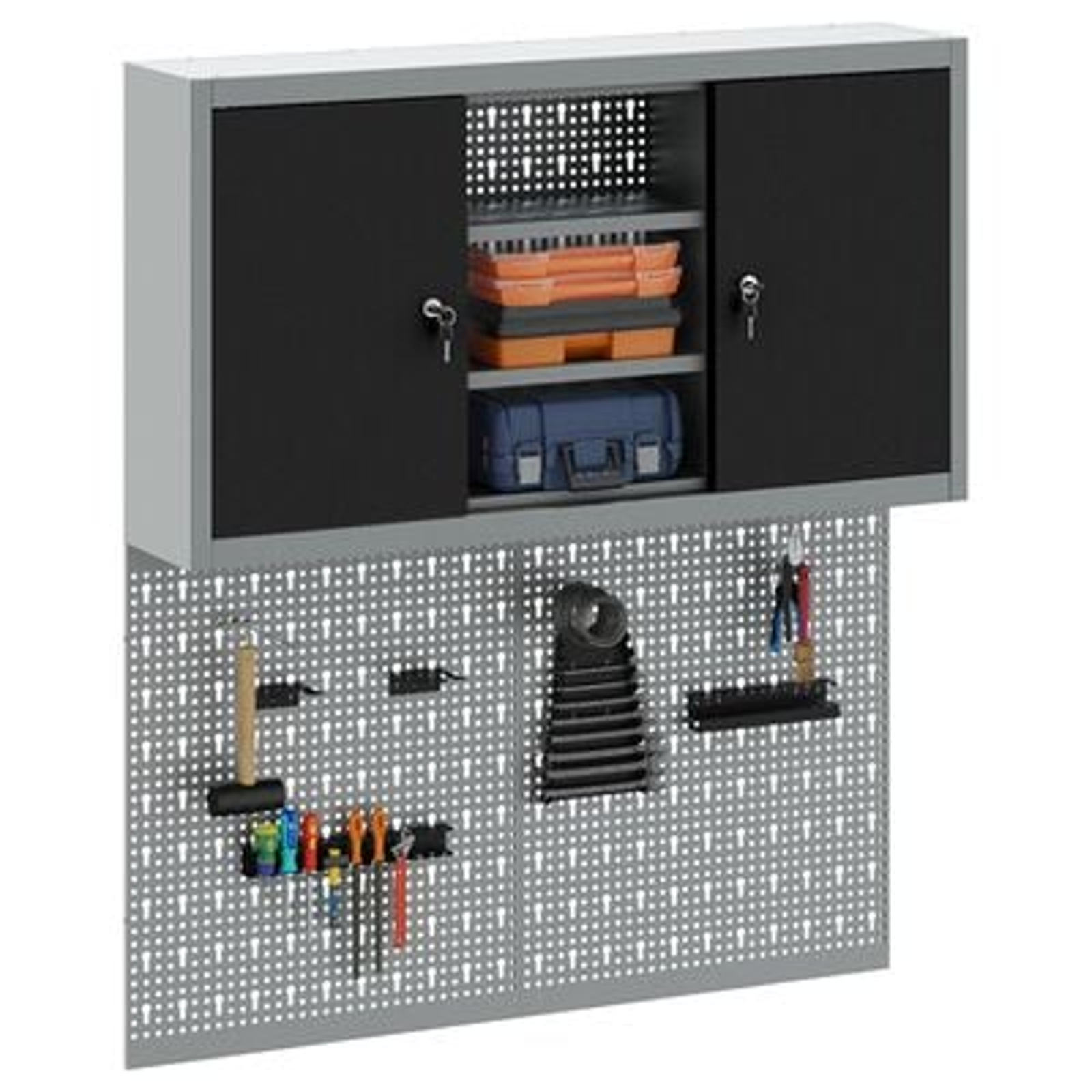 vidaXL Set dulap unelte & panou cârlige de perete, 3 piese negru metal vidaXL Set dulap unelte & panou cârlige de perete, 3 piese negru metal
