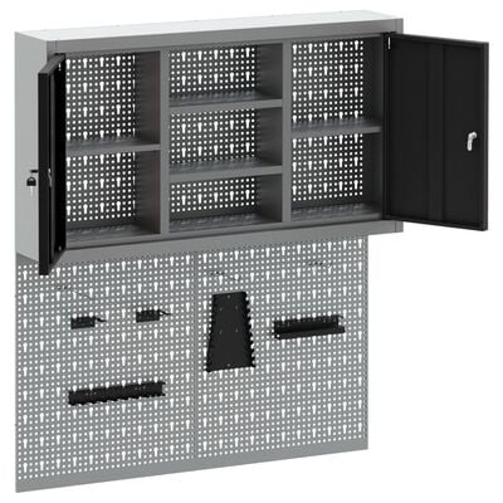 vidaXL Set dulap unelte & panou cârlige de perete, 3 piese negru metal vidaXL Set dulap unelte & panou cârlige de perete, 3 piese negru metal
