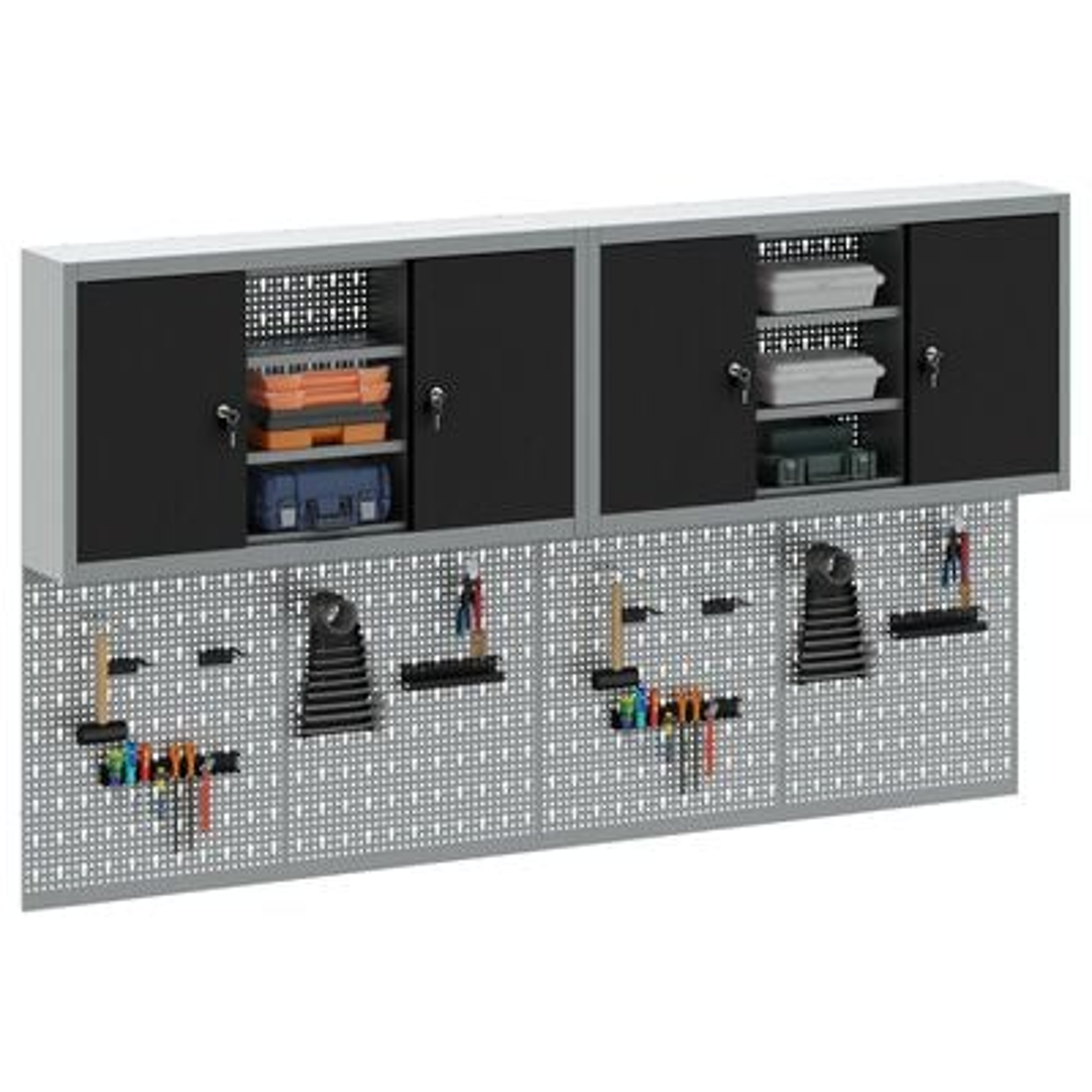 vidaXL Set dulap unelte & panou cârlige de perete, 4 piese negru metal vidaXL Set dulap unelte & panou cârlige de perete, 4 piese negru metal