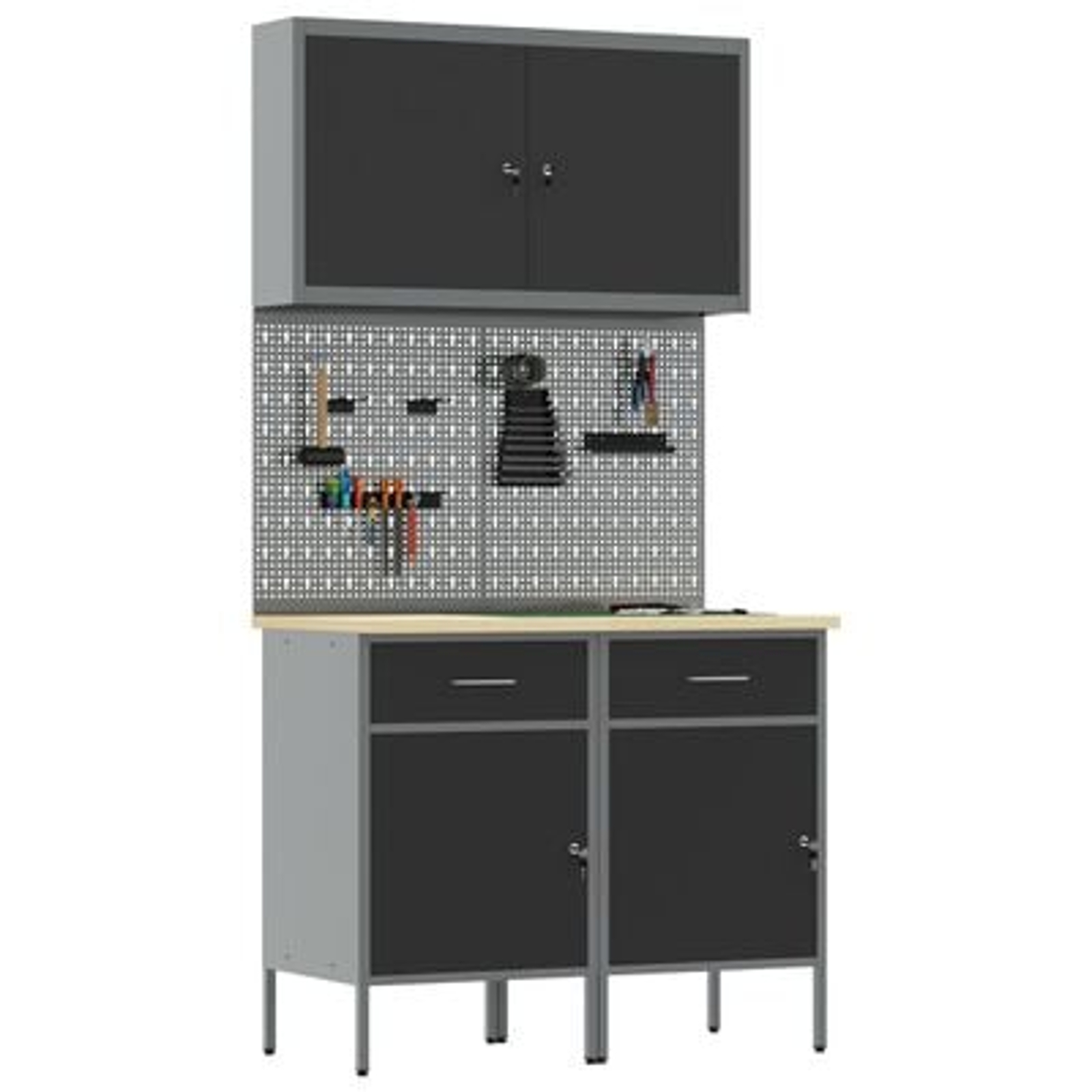 vidaXL Set dulap unelte & panou cârlige, 5 piese, negru, MDF & metal