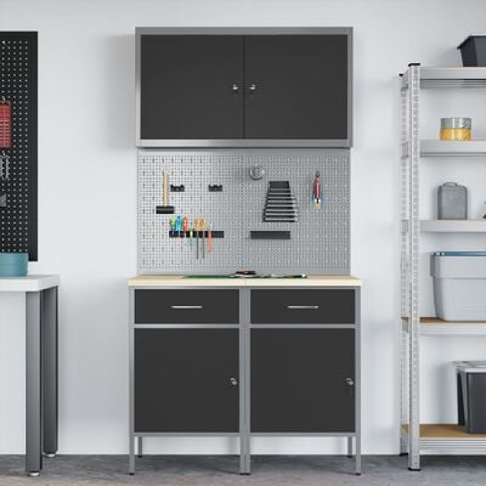 vidaXL Set dulap unelte & panou cârlige, 5 piese, negru, MDF & metal
