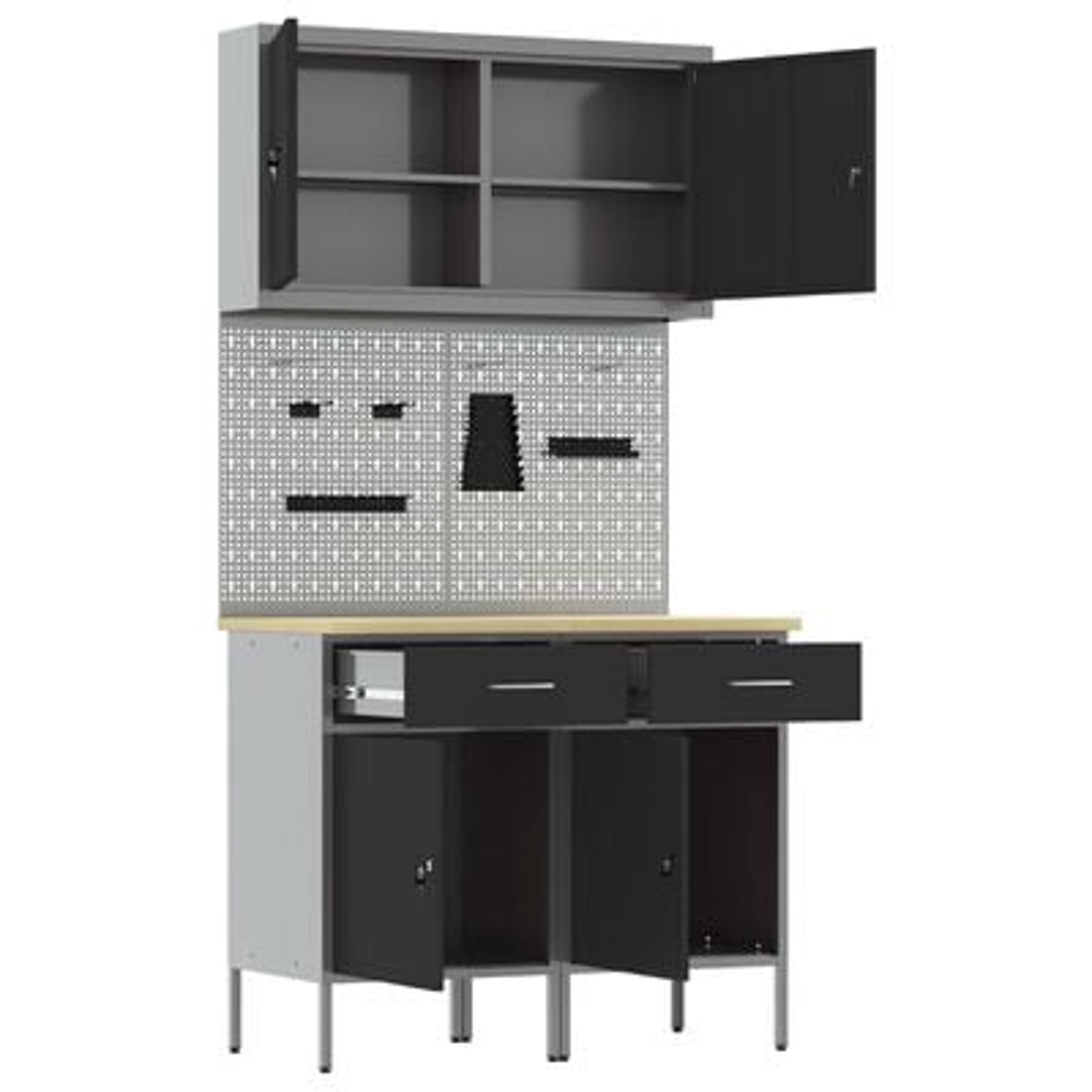 vidaXL Set dulap unelte & panou cârlige, 5 piese, negru, MDF & metal