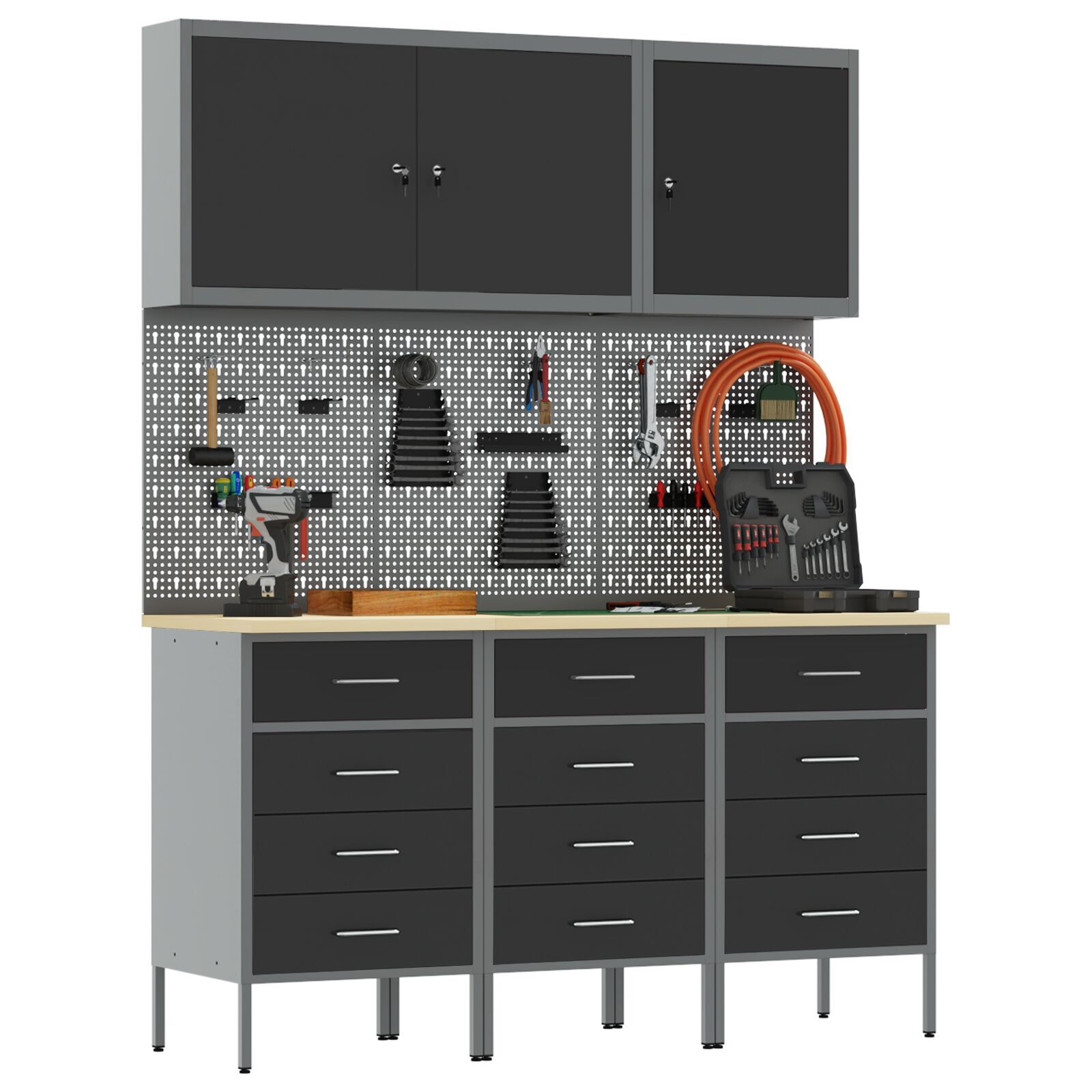 vidaXL Set banc de lucru, 8 piese, negru, oțel vidaXL Set banc de lucru, 8 piese, negru, oțel