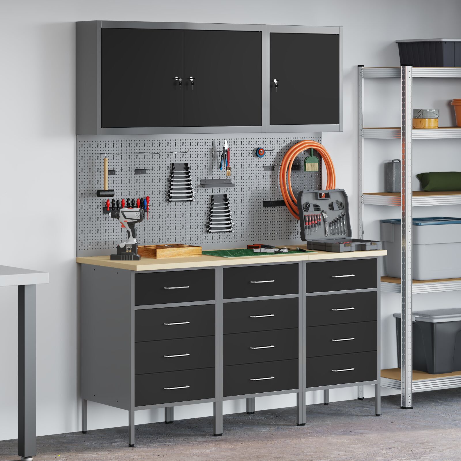 vidaXL Set banc de lucru, 8 piese, negru, oțel vidaXL Set banc de lucru, 8 piese, negru, oțel
